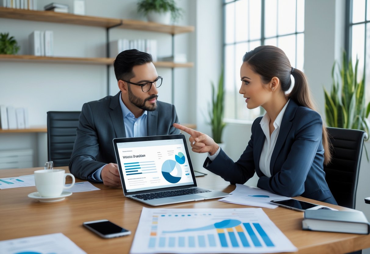 Twee zakelijke professionals bespreken de kosten van het laten maken van een website in een kantooromgeving.