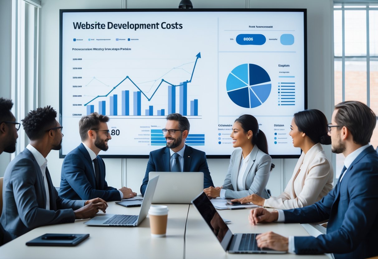 Een groep professionals in een vergaderruimte bespreekt kosten en planning voor het maken van een website.