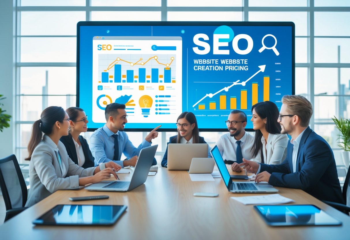 Een team professionals werkt samen in een modern kantoor met laptops en grafieken over zoekmachineoptimalisatie en marketing voor websiteontwikkeling.