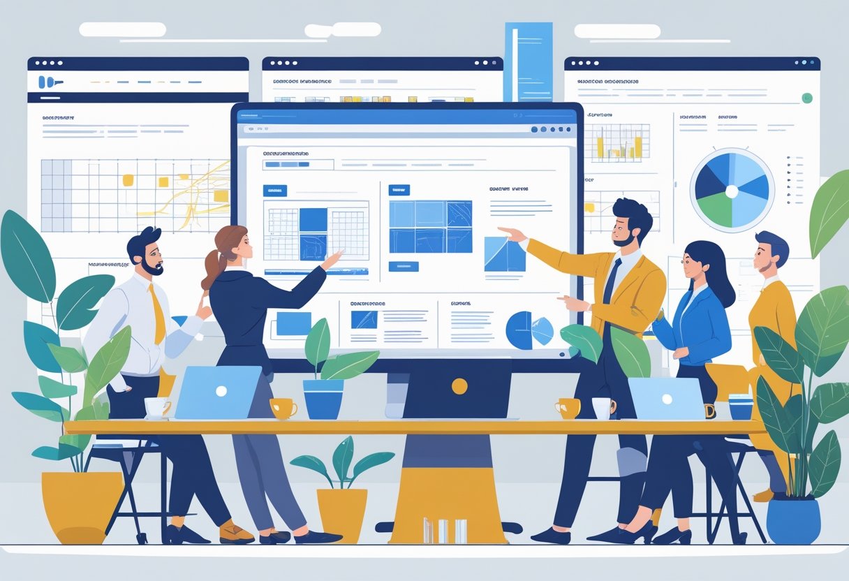 Een team van zakelijke professionals werkt samen in een kantoor aan het ontwerpen van een website voor hun bedrijf.
