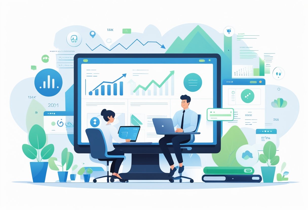 Een zakelijke eigenaar zit aan een bureau met een laptop waarop een professionele website te zien is, omringd door symbolen van groei en digitale connectiviteit in een moderne kantooromgeving.