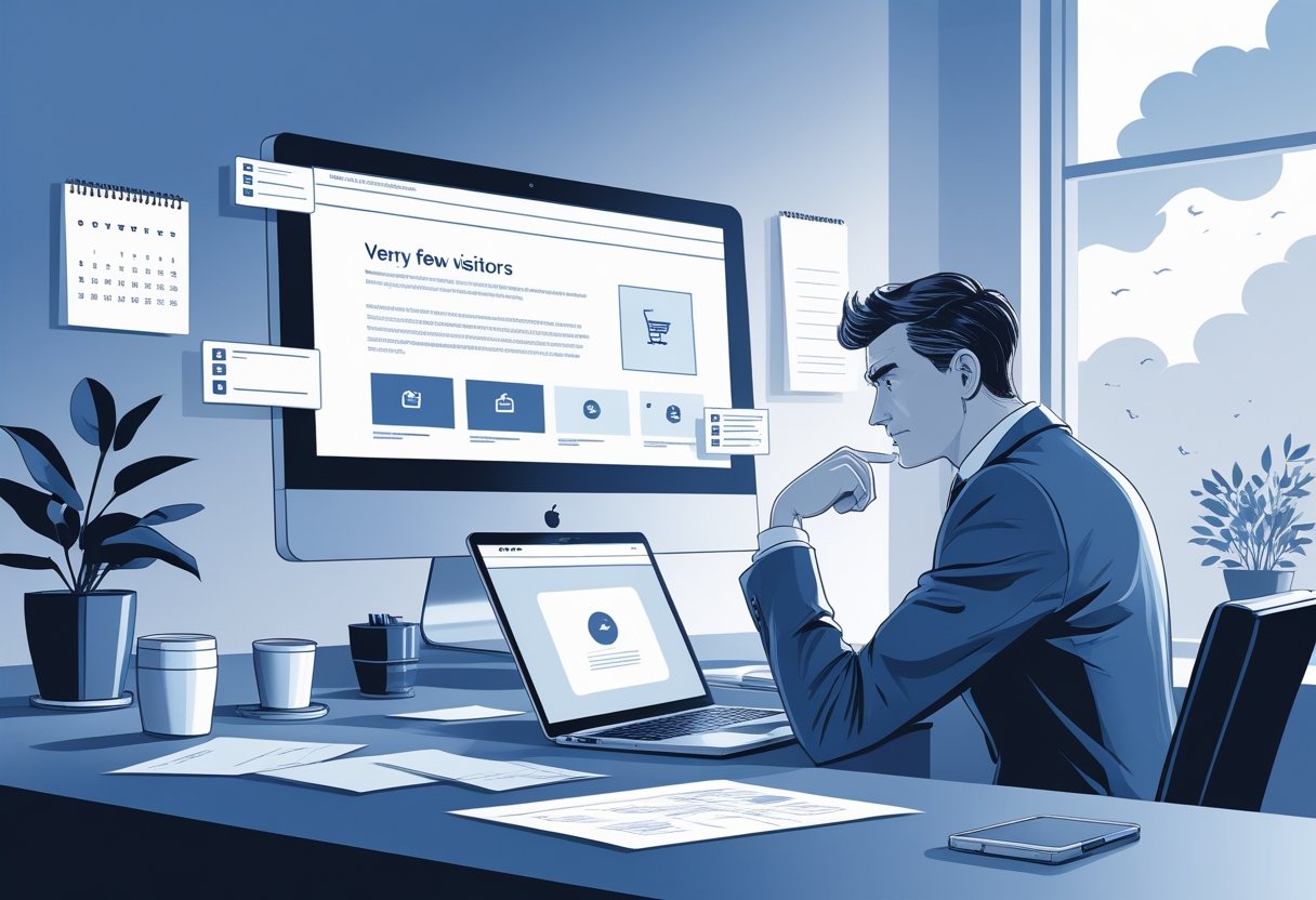 Een zakelijke eigenaar zit aan een bureau en kijkt bezorgd naar een laptop met weinig websitebezoekers.