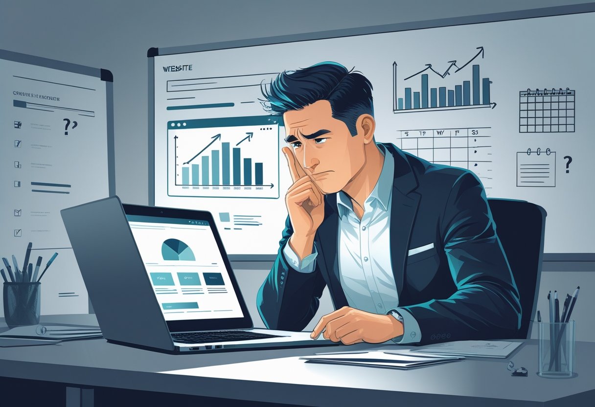 Een gefrustreerde ondernemer zit aan een bureau en kijkt naar een laptop met een website die geen klanten oplevert.