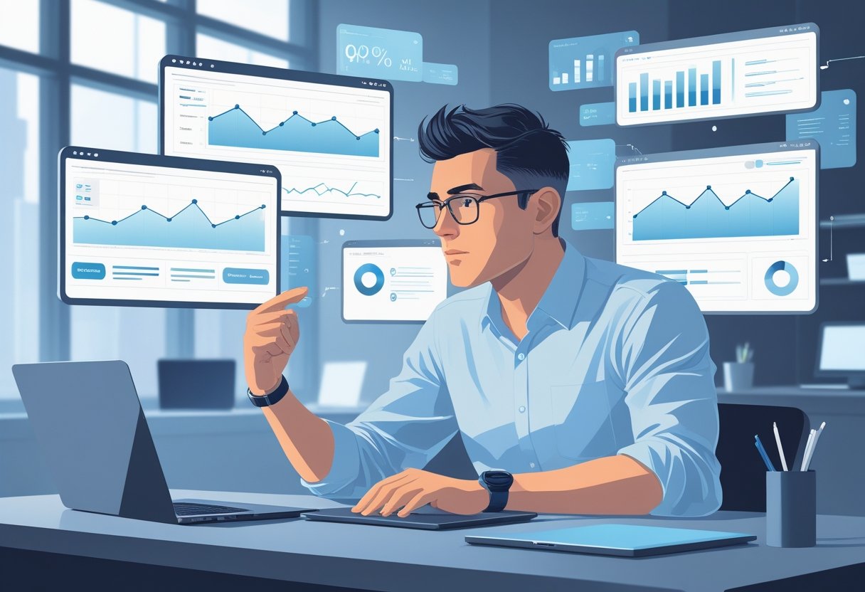 Een persoon die geconcentreerd websiteprestaties analyseert met grafieken en datavisualisaties op schermen rondom hen in een kantooromgeving.