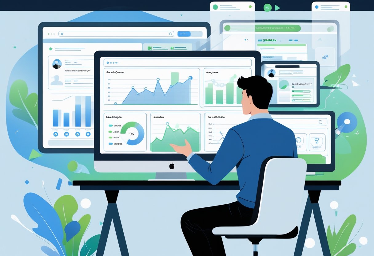 Een persoon die achter een bureau zit en websitegegevens en zoekgedrag analyseert op meerdere schermen.