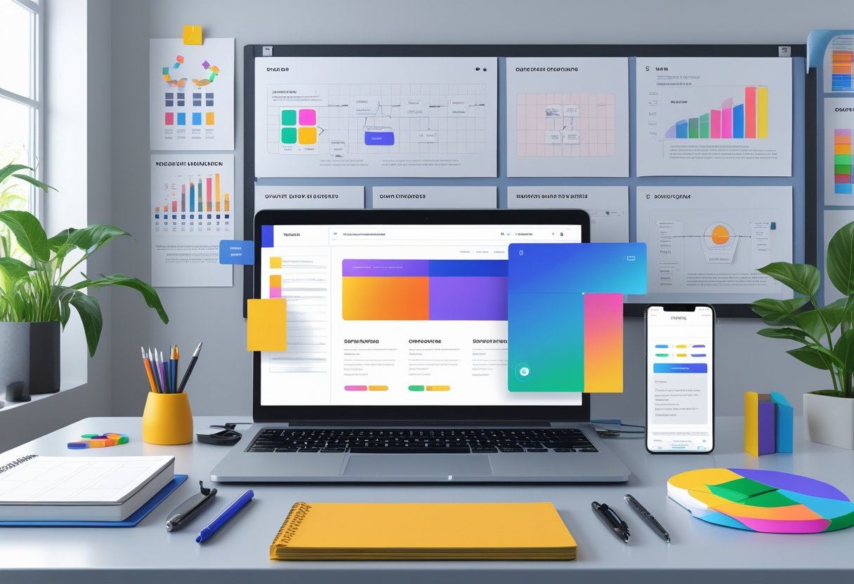 Persoon werkt aan het ontwerpen van een professionele website op een laptop aan een bureau in een georganiseerde werkruimte.