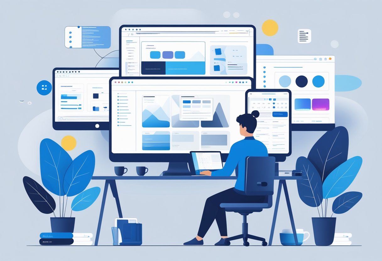 Een persoon werkt geconcentreerd aan een bureau met meerdere schermen waarop websiteontwerpen en code te zien zijn, omringd door werkmaterialen en digitale symbolen die webontwikkeling voorstellen.