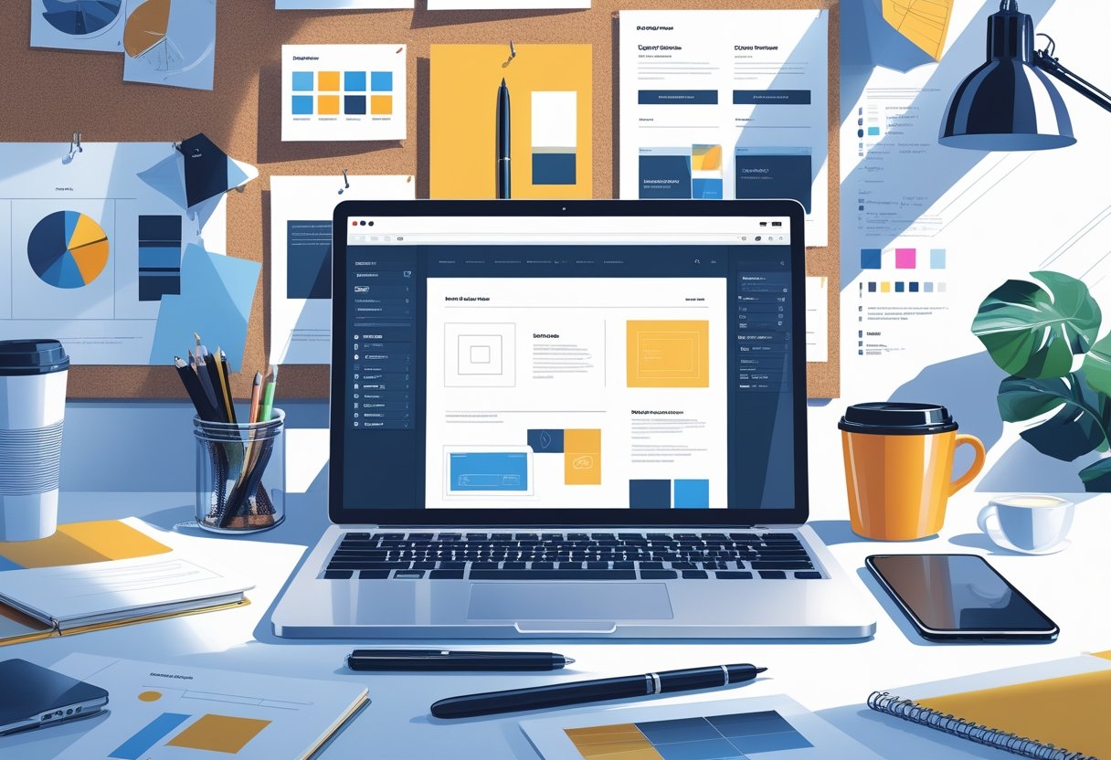 Een werkplek met een laptop die websiteontwerpen toont, een notitieboek met schetsen, een smartphone en een koffiekopje, met moodboards op de achtergrond.