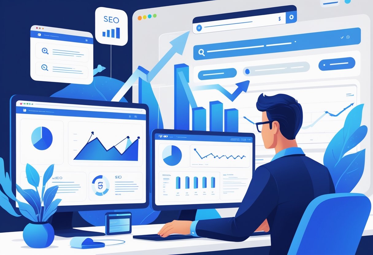Een persoon in een kantoor die SEO-gegevens analyseert met schermen waarop een stijgende grafiek en zoekresultaten te zien zijn.