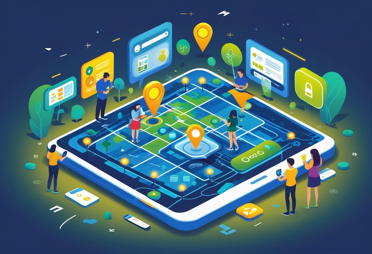 Een kaart van een stad met gemarkeerde locaties en mensen die digitale apparaten gebruiken om verbonden te zijn binnen een regio.