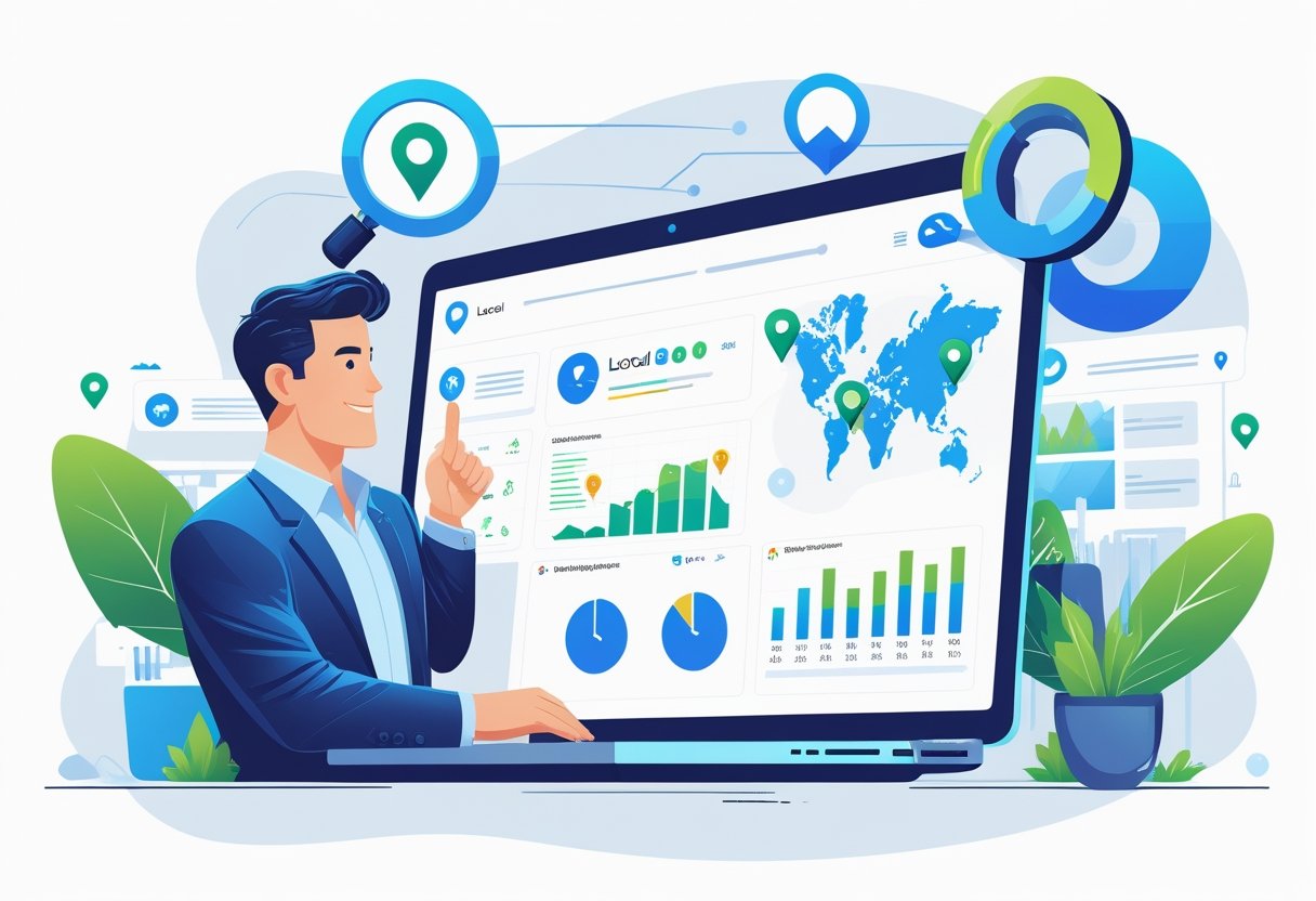 Een ondernemer werkt aan een laptop met een dashboard en kaart met locatiepinnen om beter gevonden te worden in de regio.