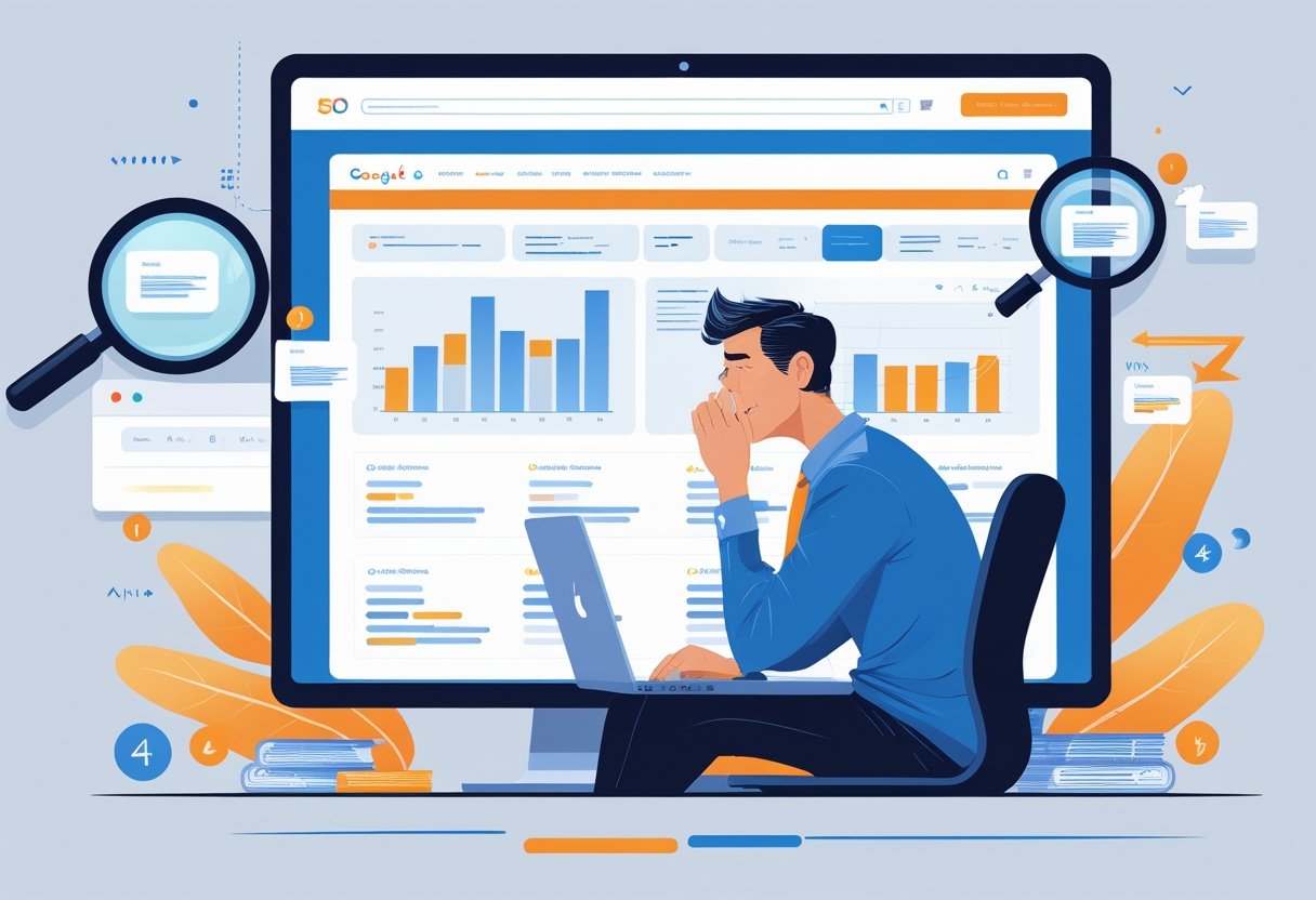 Een persoon zit aan een bureau met een laptop en kijkt gefrustreerd naar zoekresultaten en grafieken die lage websiteprestaties tonen.