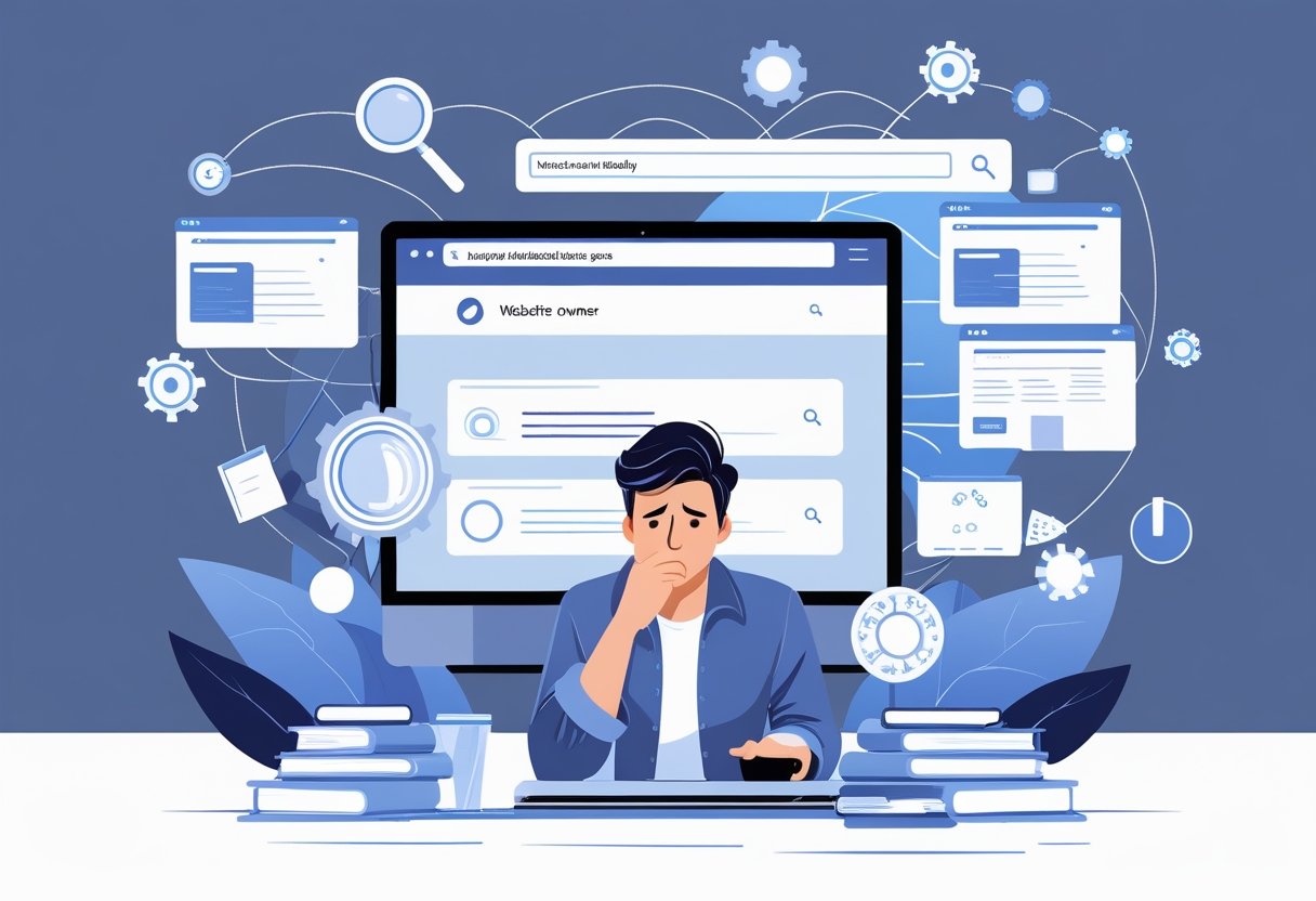 Een persoon zit aan een bureau voor een computerscherm met een zoekmachine zonder resultaten, omringd door symbolen van website-indexering en internetverbindingen.