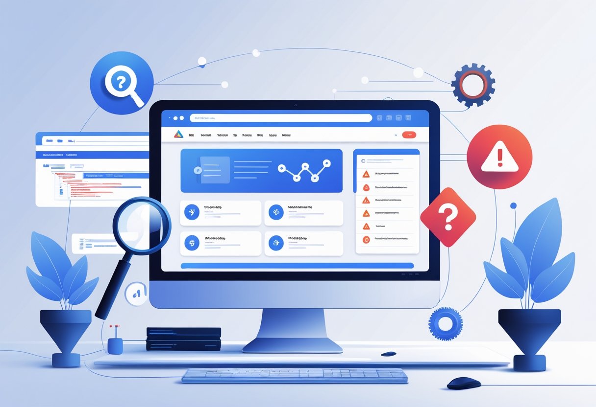 Een werkplek met een computerscherm waarop technische problemen van een website worden weergegeven, zoals foutmeldingen en verbindingsproblemen.