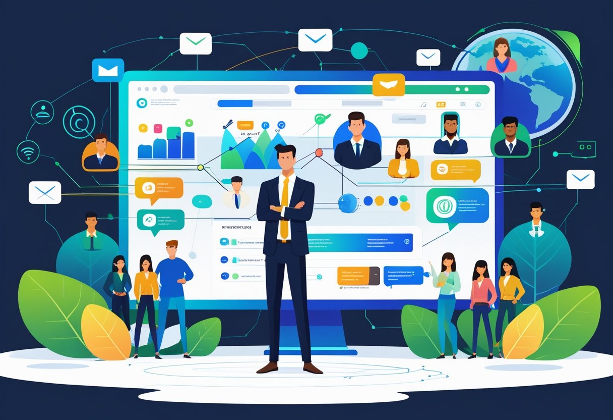 Een zakelijk persoon staat voor een groot digitaal scherm met online marketing elementen en verbonden digitale klanten, die internet en klantengroei symboliseren.