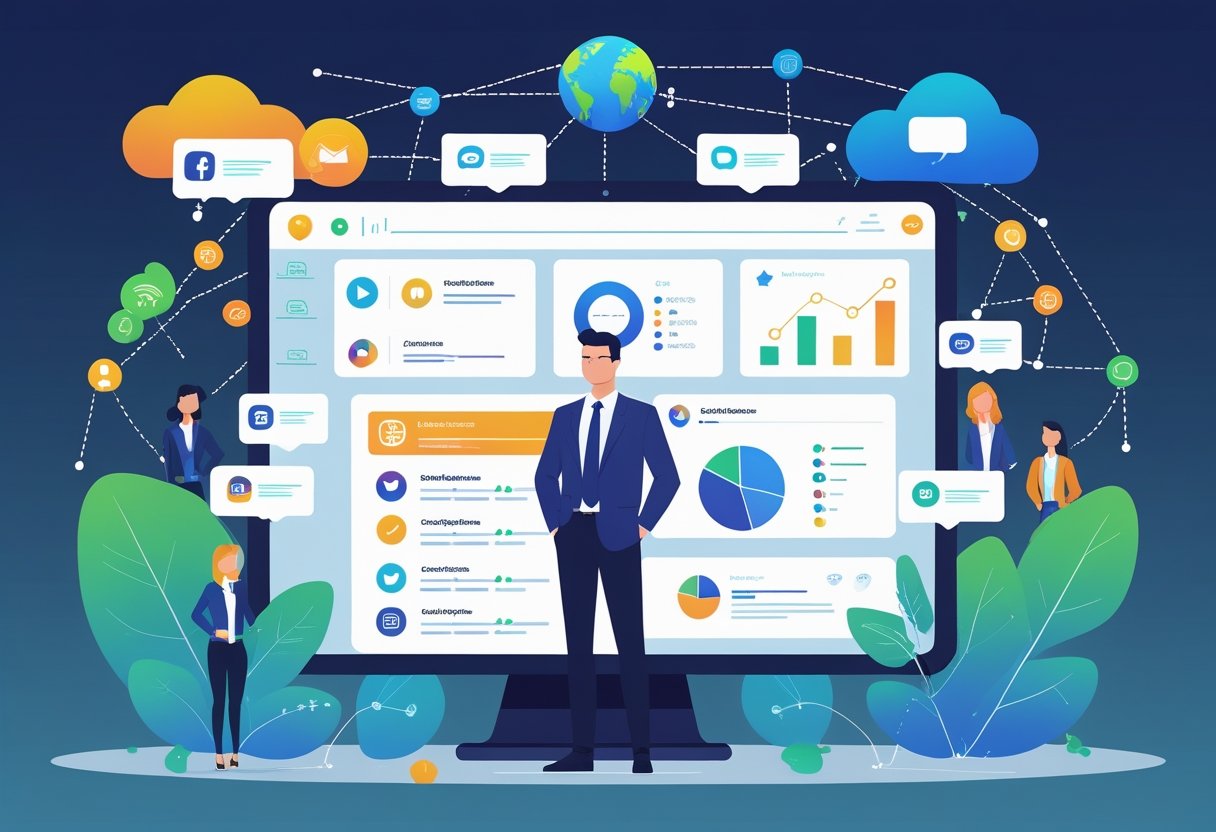 Een persoon staat voor een digitaal scherm met online marketing iconen en grafieken, verbonden met diverse klanten via internetverbindingen.