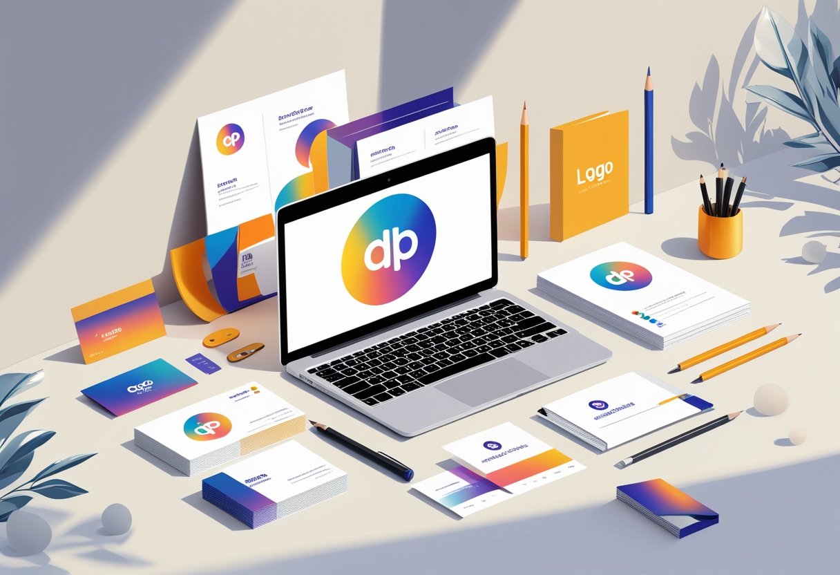 Een werkplek met een laptop, visitekaartjes, brochures en ontwerpmaterialen die branding voor een bedrijf voorstellen.