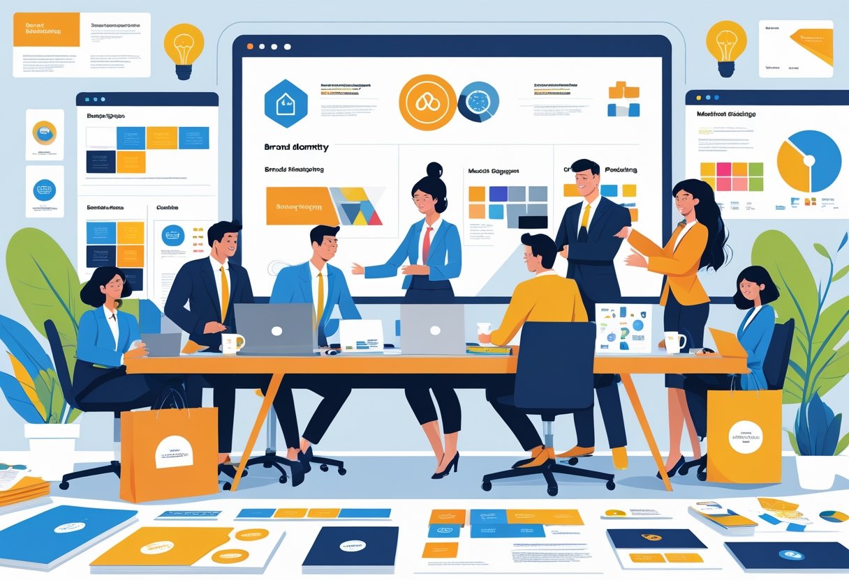 Een groep professionals werkt samen aan brandingmaterialen rond een tafel in een modern kantoor, met een scherm op de achtergrond waarop een merkidentiteitsbord te zien is.