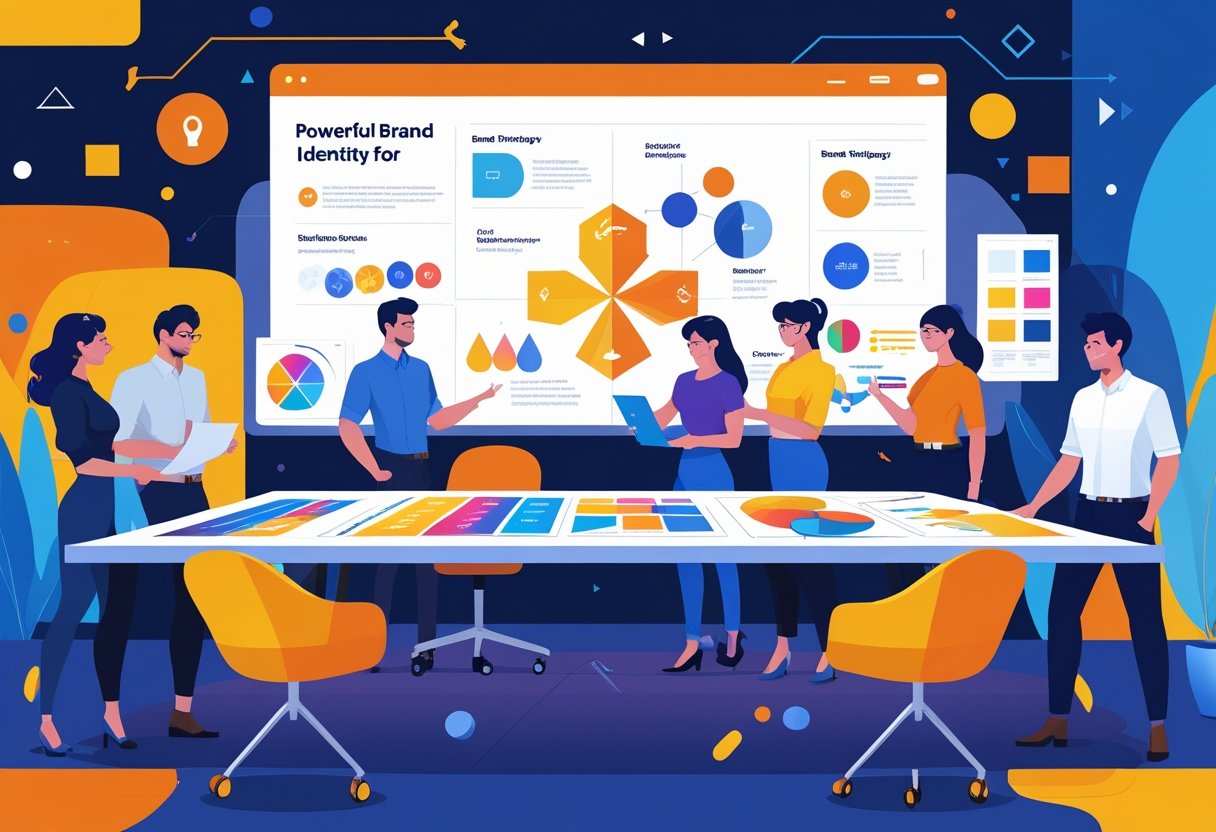 Een team professionals werkt samen aan brandingmaterialen in een moderne kantooromgeving met schermen en creatieve elementen.
