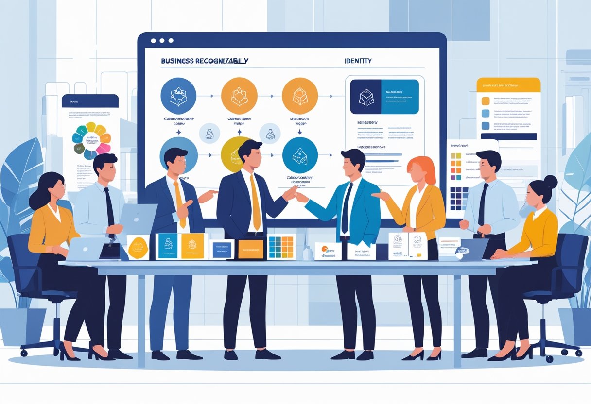 Een groep zakelijke professionals werkt samen rond een tafel met merklogo's, kleuren en marketingmaterialen in een kantooromgeving.