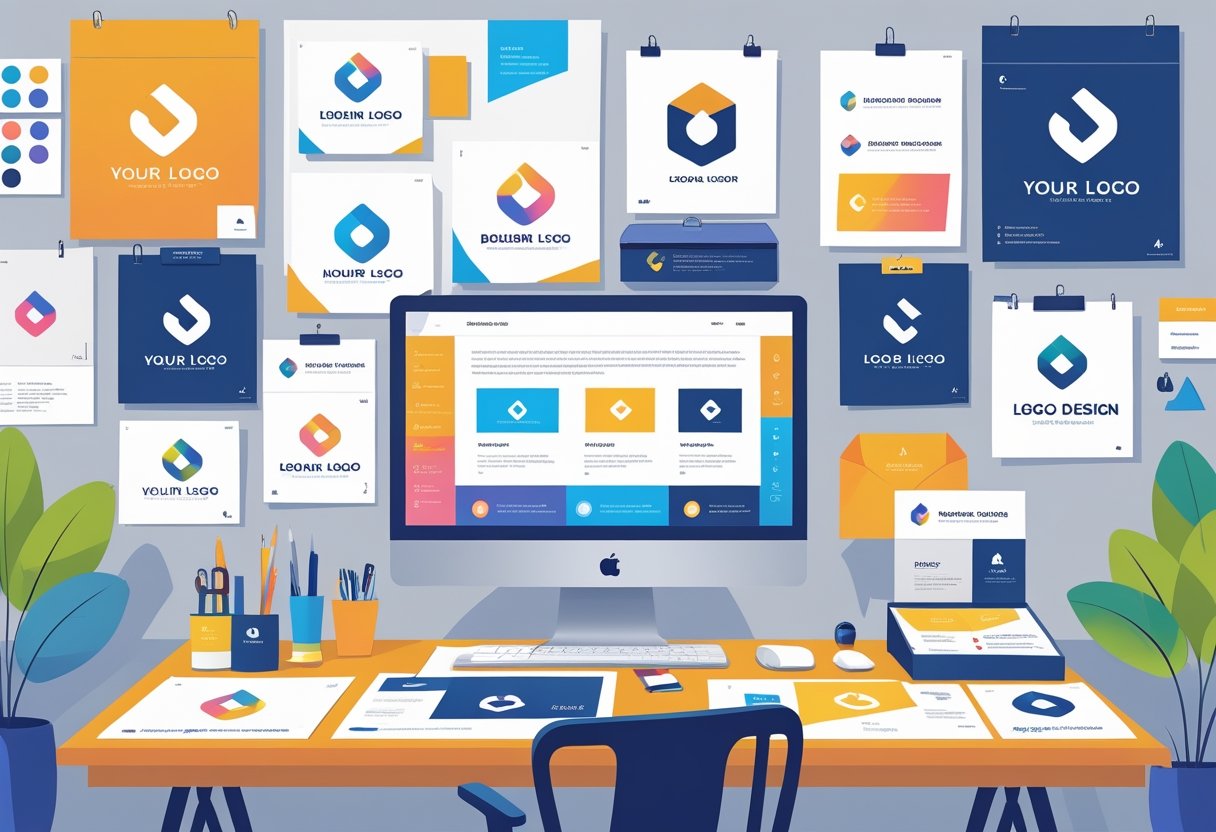 Een ontwerper werkt aan een bureau met logo-ontwerpen en huisstijlmaterialen zoals visitekaartjes en briefpapier.