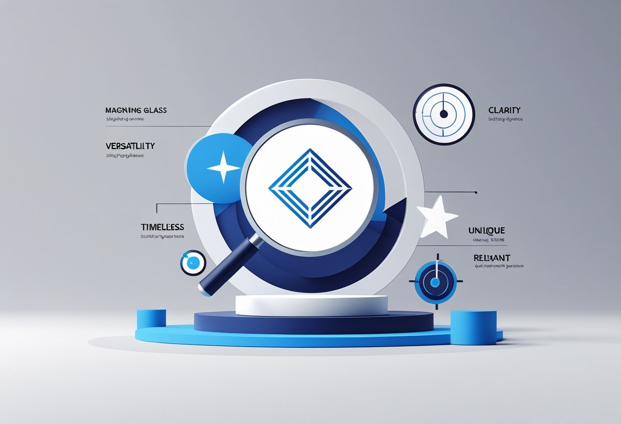 Een illustratie van een centraal logo met symbolen eromheen die de belangrijkste eigenschappen van een goed logo weergeven.