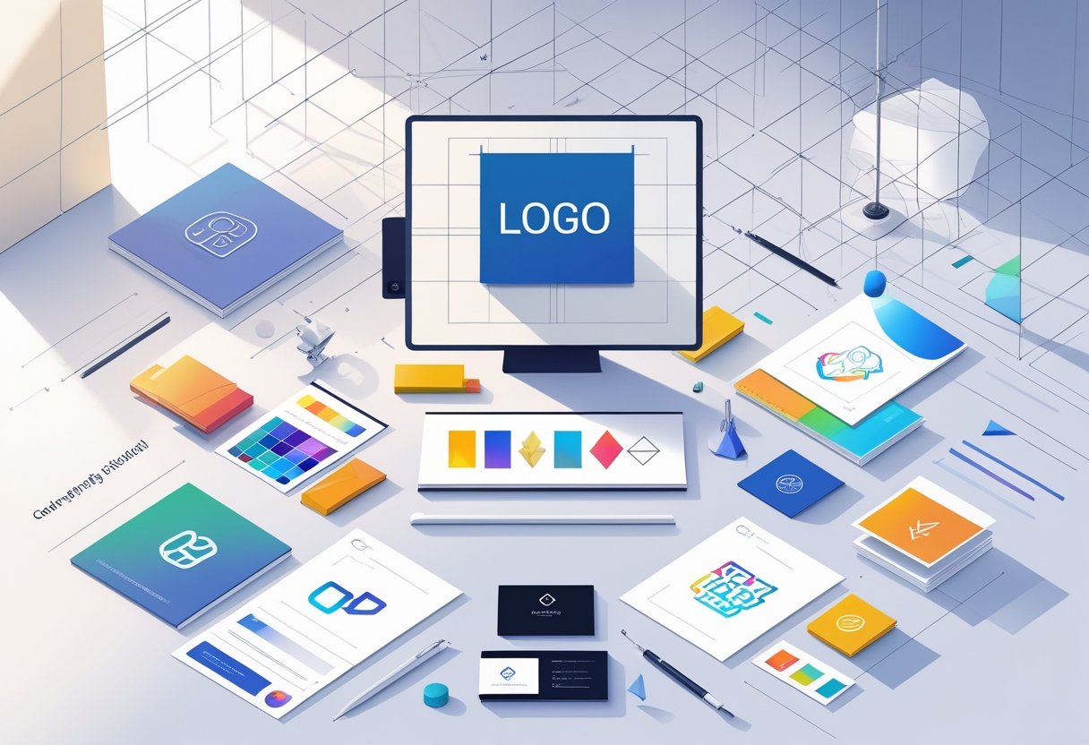 Een werkplek met schetsen van logo's, kleurstalen en geometrische vormen die de belangrijke elementen van goed logo-ontwerp laten zien.