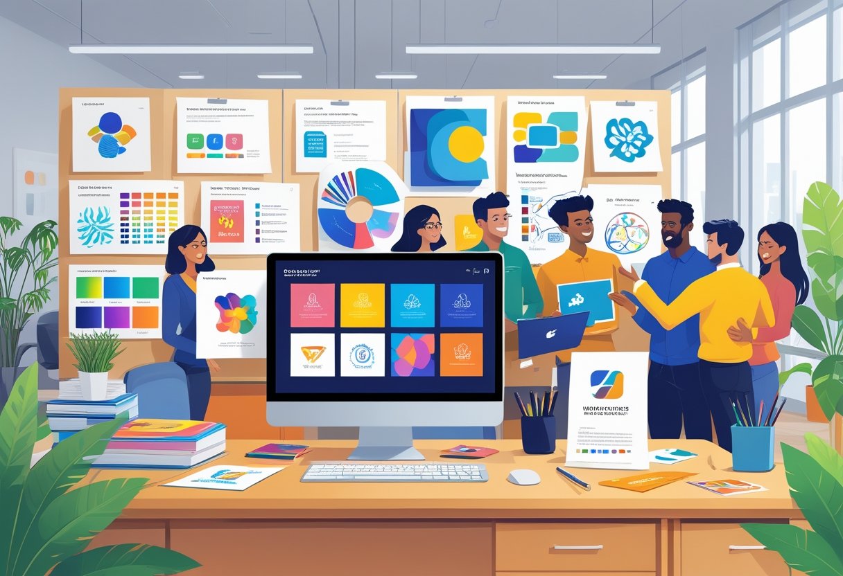 Een kantoorruimte met een bureau waarop brandingmateriaal ligt en een team dat samenwerkt aan visuele ontwerpen.