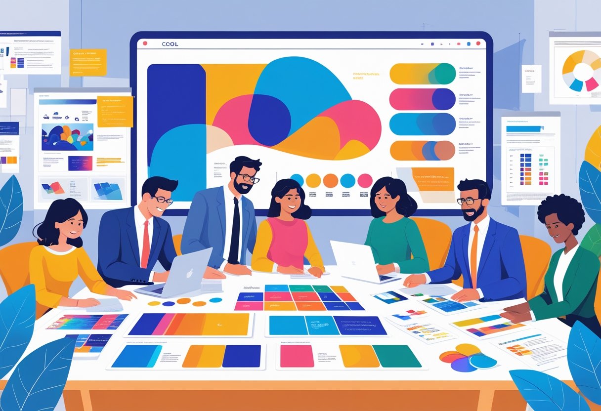 Een team professionals werkt samen in een kantoor aan brandingmaterialen om de visuele uitstraling van een bedrijf te verbeteren.
