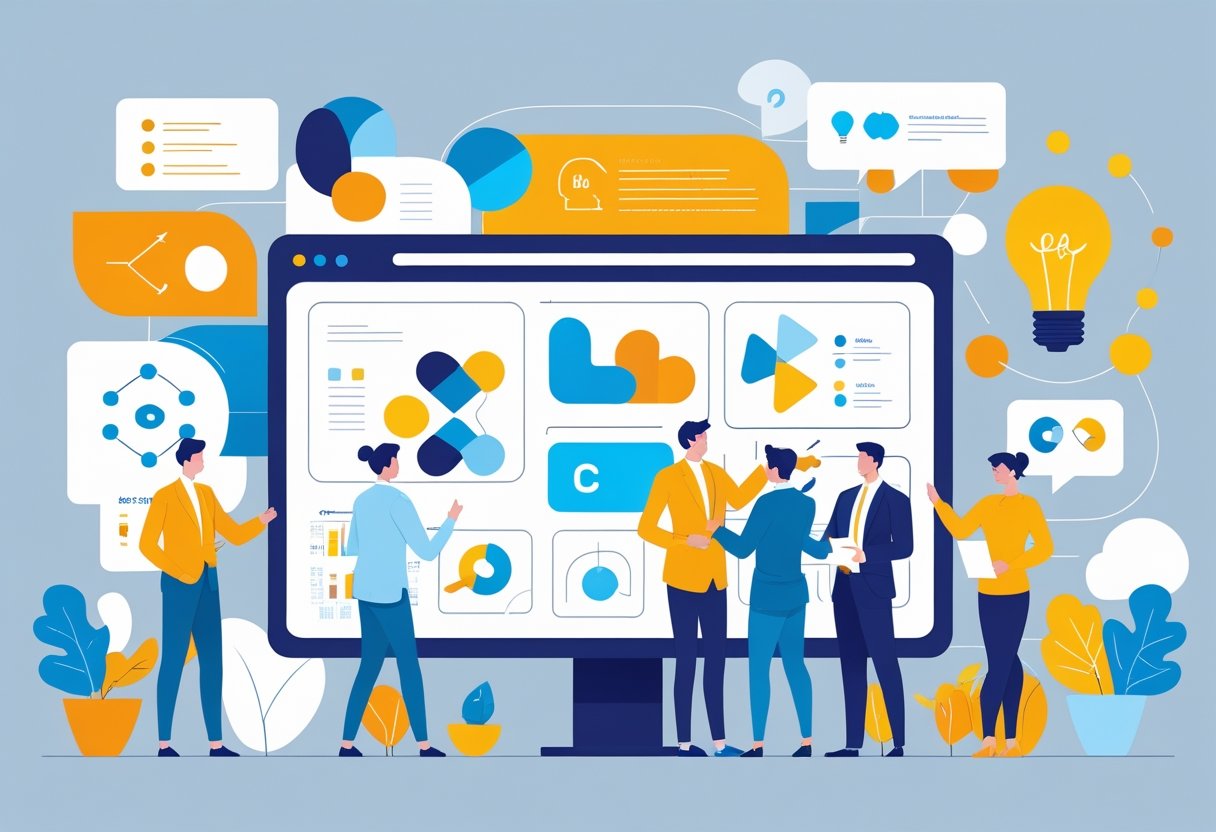 Een groep professionals werkt samen in een kantoorruimte met een groot scherm waarop grafische elementen en symbolen te zien zijn die effectieve visuele communicatie en verbetering van de bedrijfsuitstraling uitbeelden.