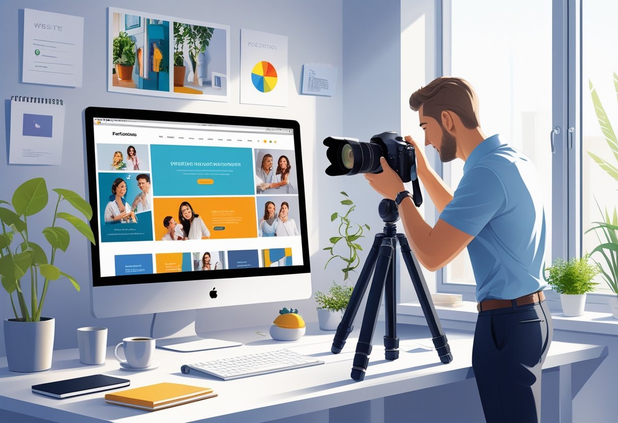 Een professionele fotograaf bereidt een camera voor in een moderne werkruimte met een computer waarop een website met scherpe, kleurrijke foto's wordt weergegeven.