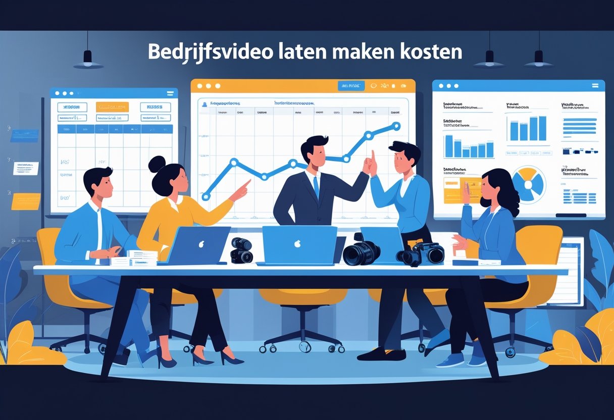 Een team in een kantoor werkt samen aan het plannen en begroten van een bedrijfsfilm, met laptops, camera's en een whiteboard met schema's.