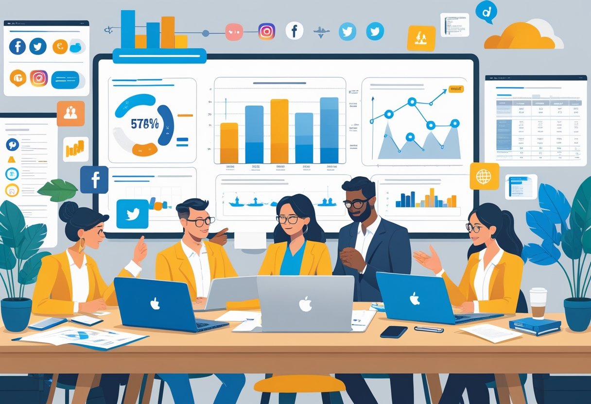 Een groep ondernemers werkt samen aan een tafel met laptops en smartphones, omringd door grafieken en sociale media-iconen.