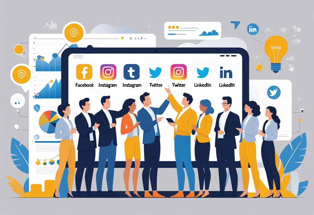 Een groep ondernemers die samen rond een groot digitaal scherm staan met sociale media-iconen en over strategieën praten.