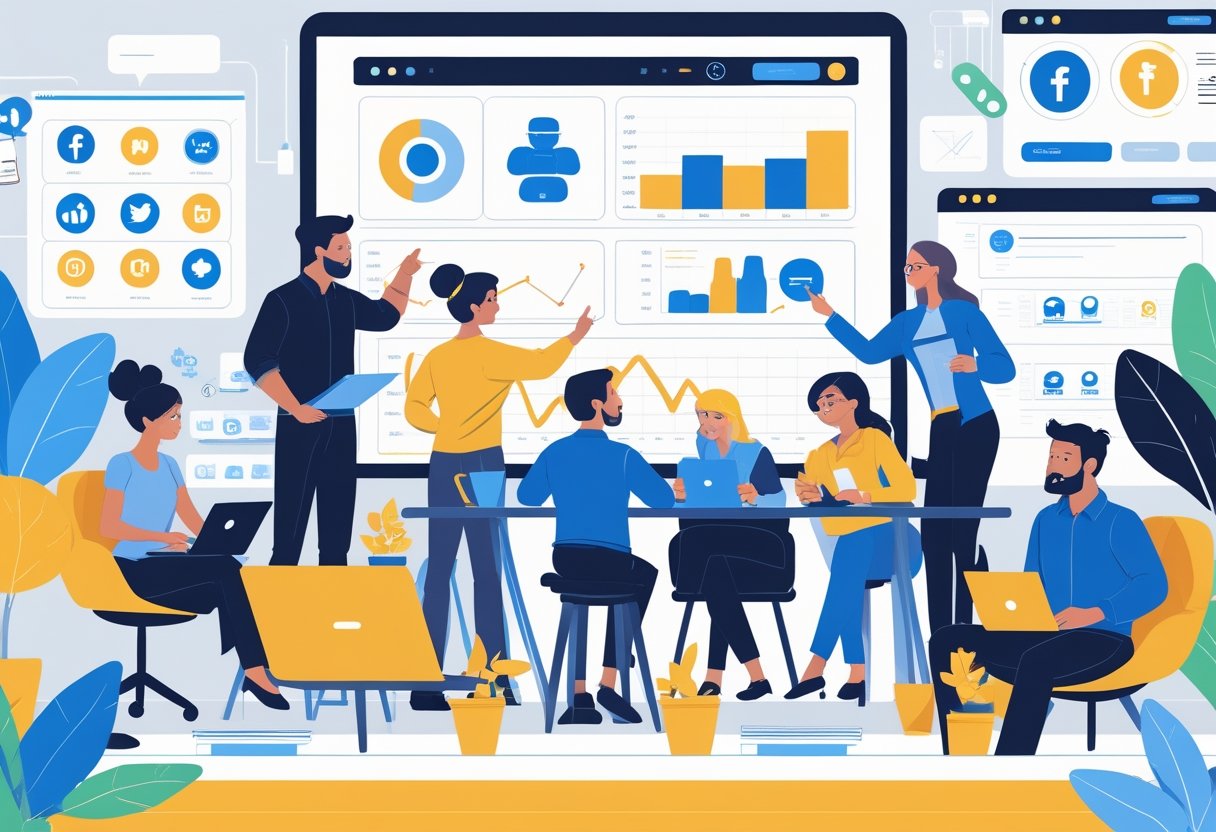 Een groep ondernemers die samen in een kantoorruimte over social media strategieën overleggen met een groot scherm met pictogrammen en grafieken.
