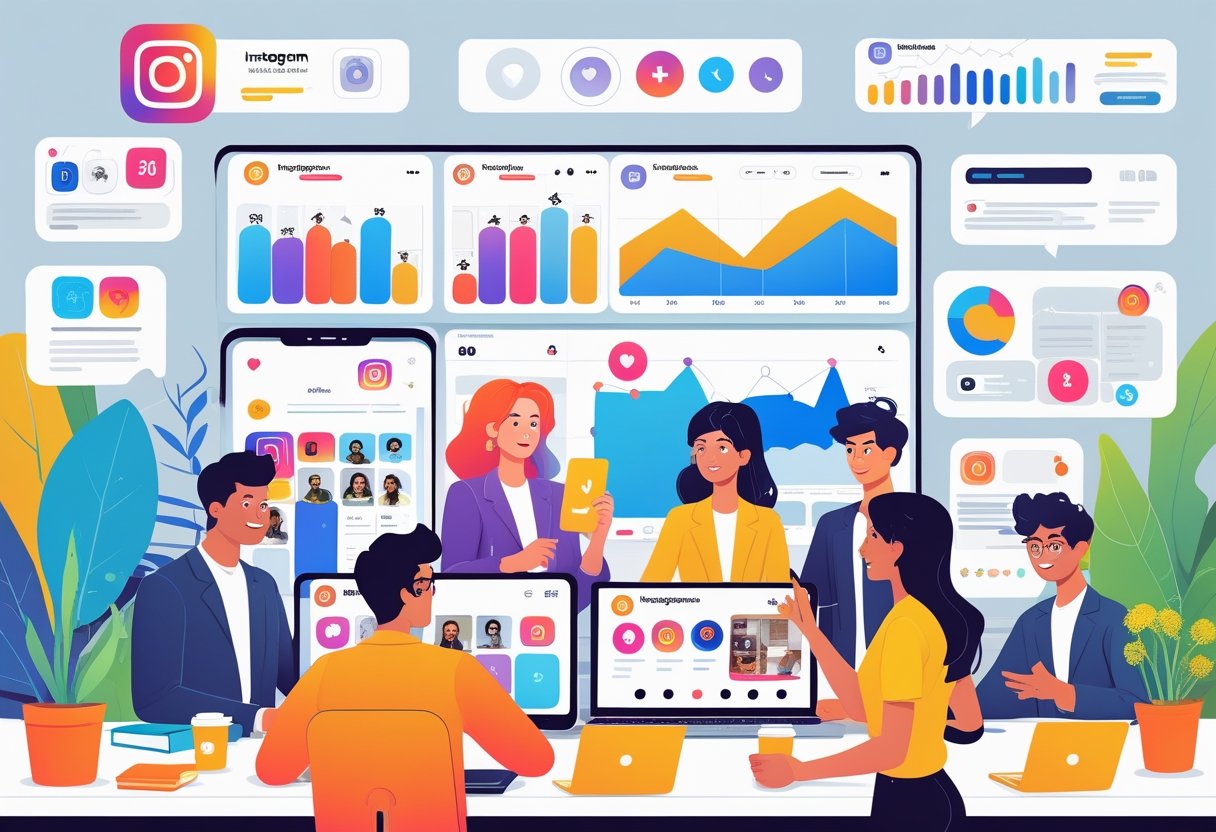 Een groep mensen werkt samen aan Instagram-content rond een bureau met laptops en smartphones, met grafieken en iconen op de achtergrond.