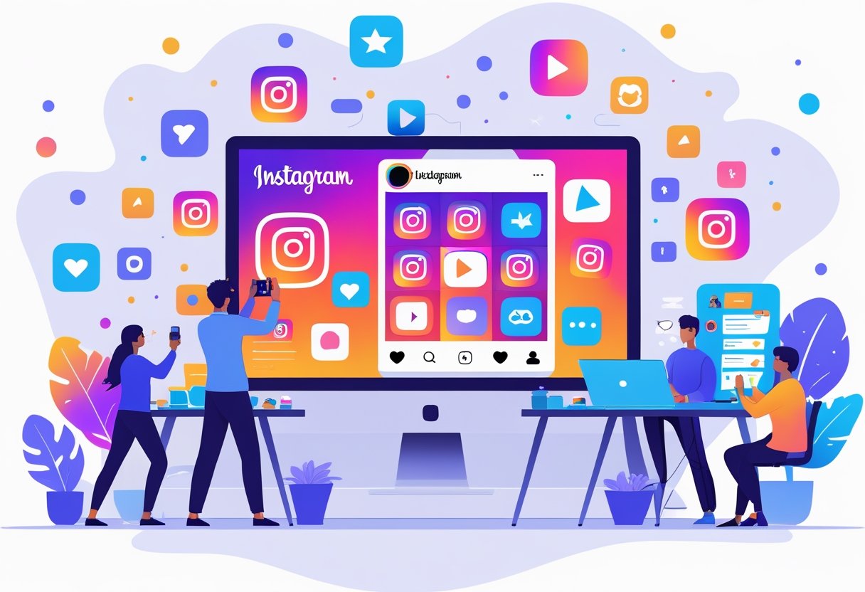Een werkplek met mensen die content maken voor Instagram, met een computerscherm dat een Instagram-feed toont en iconen van likes en reacties eromheen.