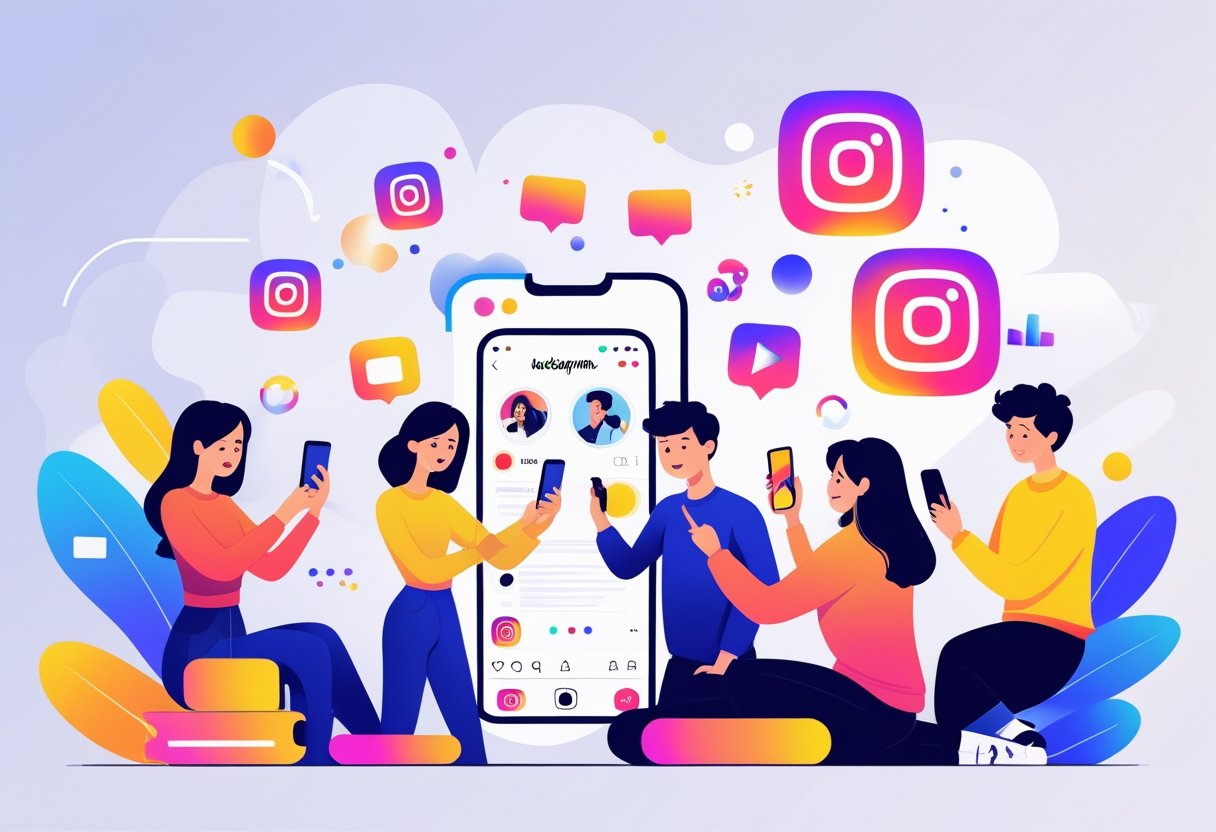 Een groep jonge mensen die Instagram-content bekijken op hun smartphones, omringd door kleurrijke pictogrammen van foto's, video's en verhalen.