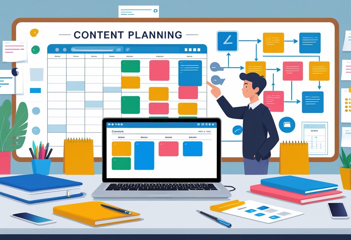 Een persoon die wijst naar een bord met notities en schema's, terwijl een bureau met een laptop en kantoorbenodigdheden een contentplanning toont.