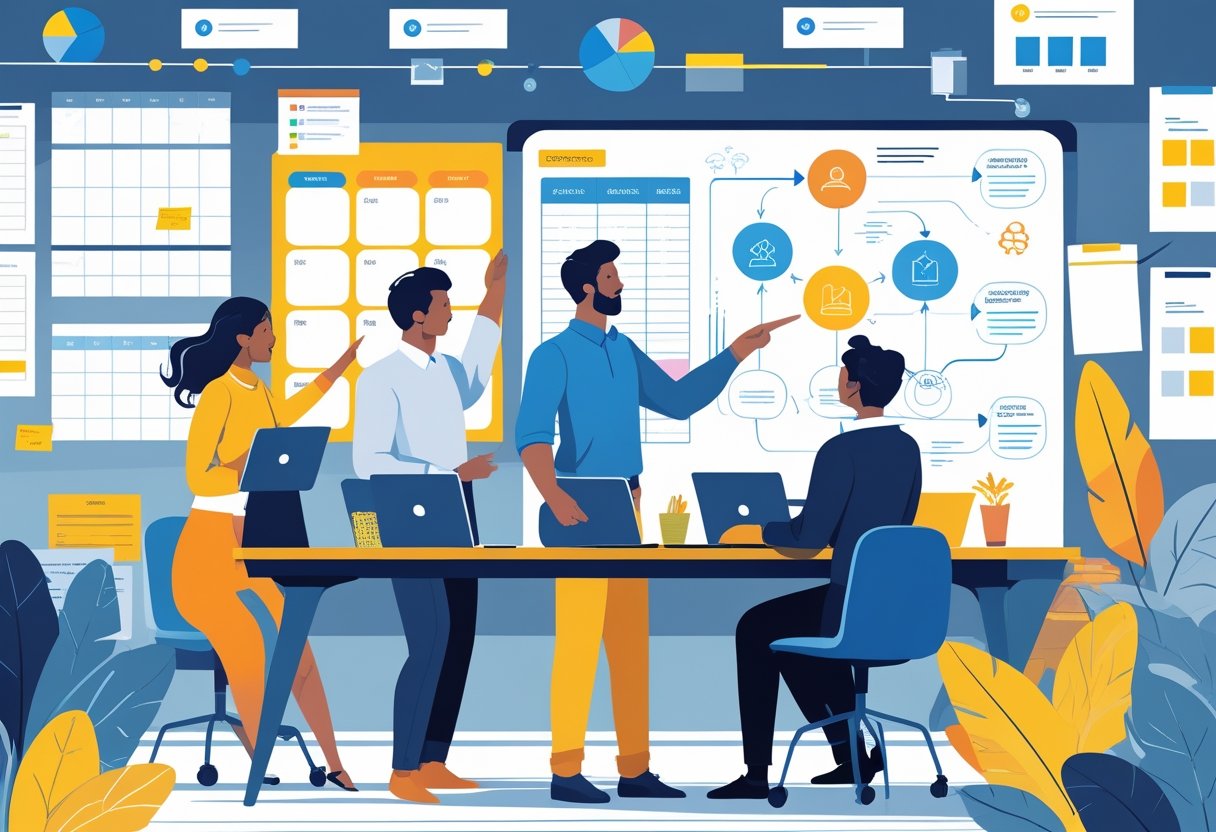 Drie mensen werken samen aan een contentplanning met een whiteboard en digitale apparaten in een kantooromgeving.