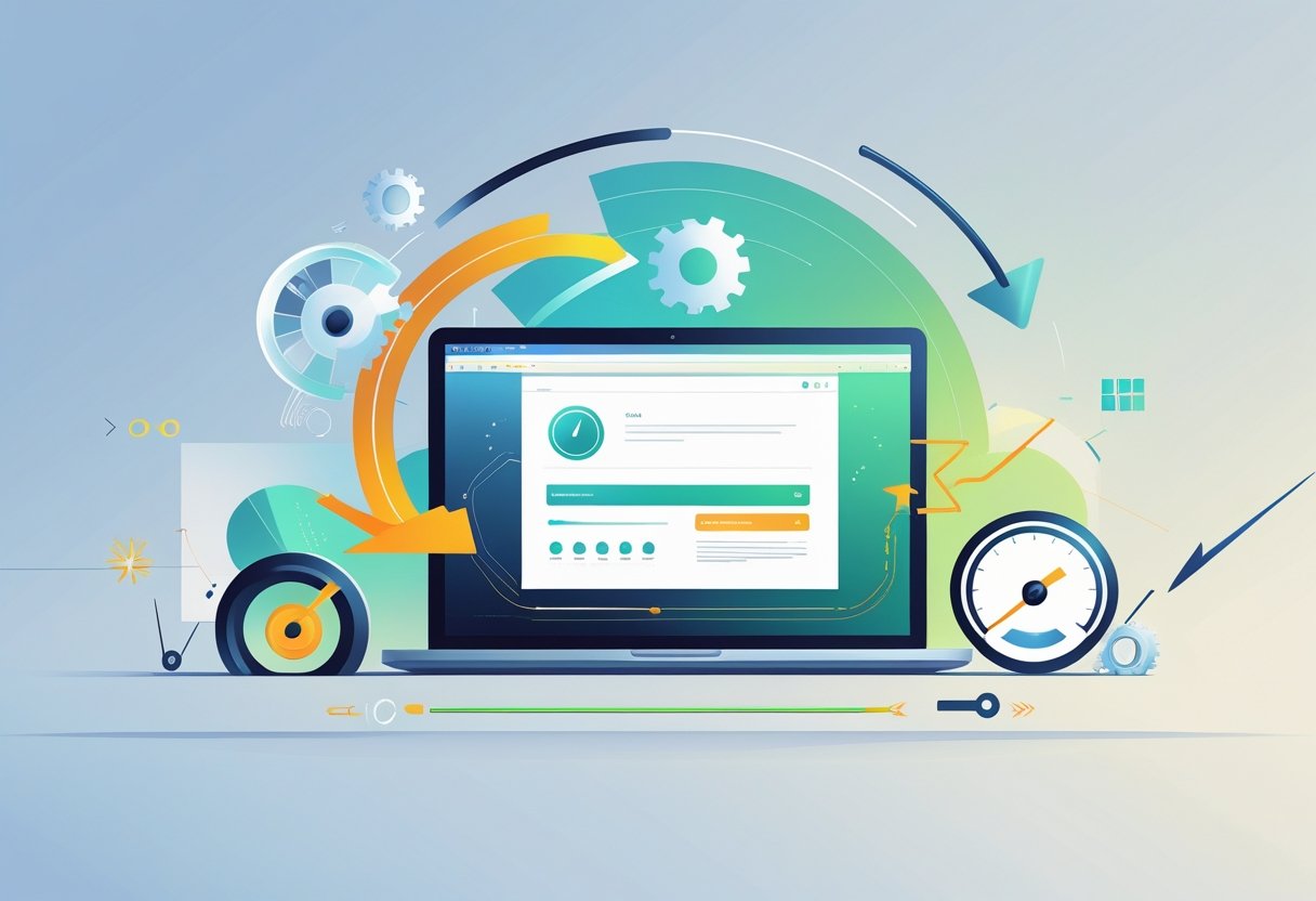Een laptop op een bureau met symbolen van snelheid en optimalisatie rondom, zoals draaiende tandwielen, een snelheidsmeter en pijlen die snelle datastroom aangeven.