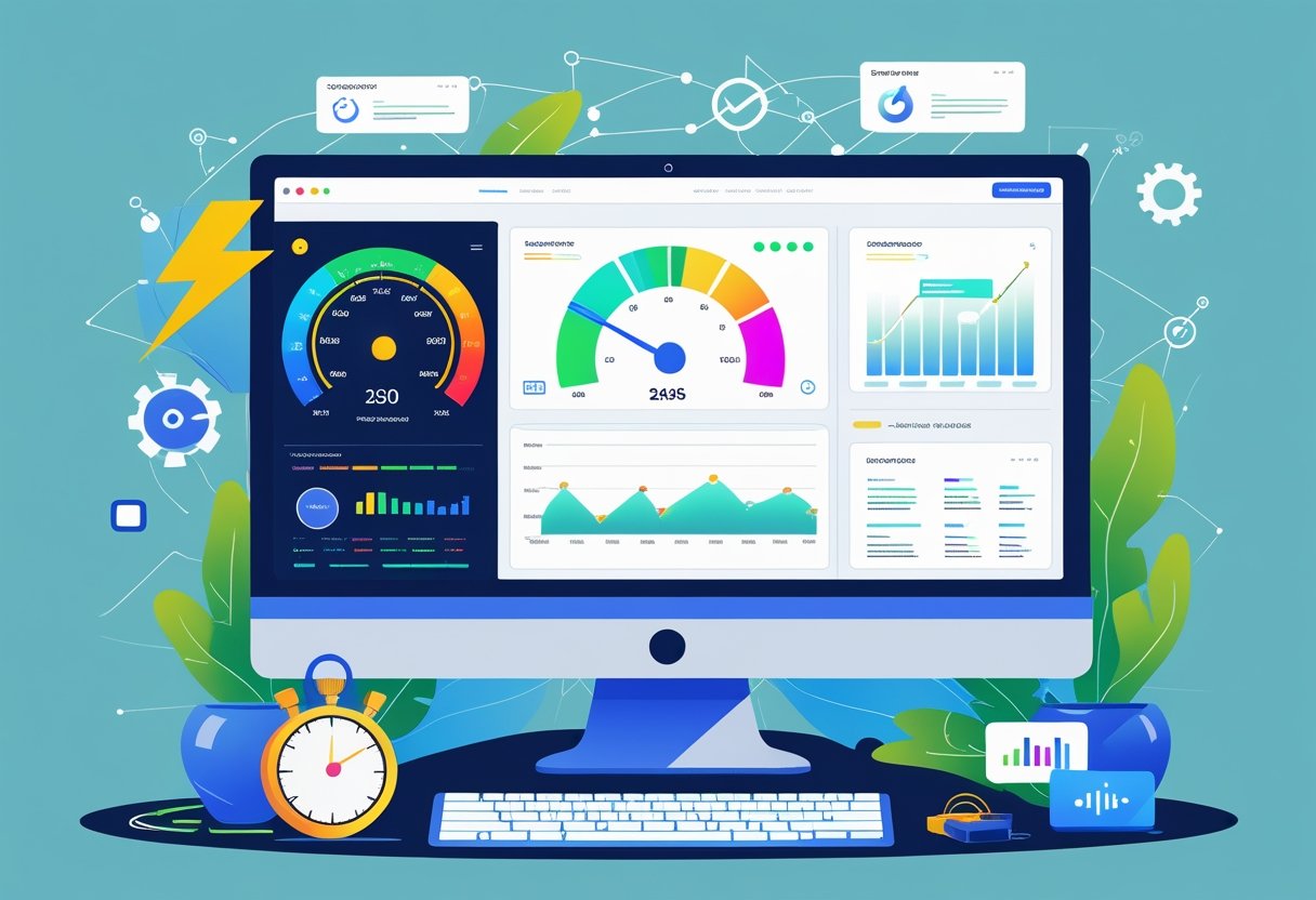 Een werkplek met een computerscherm waarop grafieken en meters te zien zijn die de snelheid van een website testen, omgeven door symbolen van optimalisatie zoals een stopwatch en tandwielen.